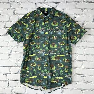 Jurassic Park Hawaiian Button Up Shirt Large Cotton Green Short Sleeve Dinosaur
